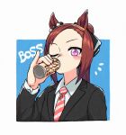  1girl animal_ears appleq black_jacket blush boss_coffee brown_hair can canned_coffee collared_shirt drinking hairband hand_up highres horse_ears jacket long_hair looking_at_viewer necktie notice_lines one_eye_closed pink_eyes pinky_out ponytail sakura_bakushin_o_(umamusume) shirt solo striped_necktie suntory umamusume upper_body white_shirt 