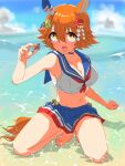  +_+ beach blurry blurry_background blush breasts cleavage collarbone commentary_request hair_between_eyes hair_ornament highres horse_girl looking_at_viewer matikanefukukitaru_(umamusume) medium_breasts midriff nerukichikatafukuma ocean orange_eyes orange_hair school_uniform seashell serafuku shell short_hair umamusume 