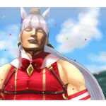  1girl animal_ears bangs blue_sky blunt_bangs bow bowtie cloud commentary_request confetti day final_fantasy final_fantasy_x gold_ship_(umamusume) grey_hair highres horse_ears horse_girl long_hair meme momosu102 muscular muscular_female open_mouth outdoors pillbox_hat red_bow red_bowtie red_shirt shirt sky sleeveless sleeveless_shirt smile spread_legs tail tidus_no_chinpo_kimochiyo_sugidaro!_(meme) translation_request umamusume upper_body wakka 