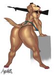  absurd_res anthro athosvds big_breasts big_butt bikini bikini_thong breasts butt canid canine canis clothing domestic_dog female gun hi_res holding_gun holding_object holding_weapon mammal ranged_weapon scar simple_background solo swimwear weapon white_background 