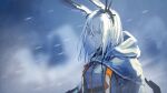  1girl animal_ears arknights blue_background cape closed_eyes commentary ear_ornament frostnova_(arknights) grey_shirt hair_ornament hairclip highres hood hood_down hooded_cape long_hair rabbit_ears rabbit_girl scar scar_on_face scar_on_nose sentou_kouhei_kitsune shirt simple_background snow solo upper_body white_cape white_hair 