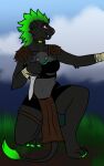  anthro armor artist_plonar biohazard_symbol choker dagger felid female fighting_pose green_hair hair jewelry kianyx lion mammal melee_weapon mohawk necklace pantherine pawpads paws pose solo symbol weapon 