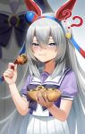  2girls ? bangs blue_eyes blurry blurry_background bow bowtie chewing commentary_request depth_of_field ear_covers eating food food_in_mouth grey_hair hair_between_eyes hairband headband highres holding holding_food horse_girl long_hair motsushi multiple_girls oguri_cap_(umamusume) out_of_frame pleated_skirt purple_bow purple_bowtie sailor_collar school_uniform serafuku short_sleeves skirt solo_focus standing straight_hair summer_uniform takoyaki tamamo_cross_(umamusume) tracen_school_uniform umamusume upper_body very_long_hair white_skirt 