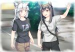  2girls animal_ear_fluff animal_ears arknights bangs between_breasts black_hair black_pants black_shirt breasts brown_eyes brown_pants commentary_request cosplay cowboy_shot fang grey_eyes hair_ornament hairclip lappland_(arknights) long_hair looking_at_another manatsu_no_yo_no_inmu medium_breasts multiple_girls open_mouth pants parody penguin_logistics_(arknights) rock.fc shirt short_sleeves smile strap_between_breasts texas_(arknights) toono_(coat) toono_(coat)_(cosplay) white_hair white_shirt wolf_ears yajuu_senpai yajuu_senpai_(cosplay) 