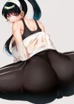  1girl ass bare_shoulders black_hair black_legwear breasts earrings from_behind hairband highres jewelry large_breasts looking_at_viewer looking_back off_shoulder open_mouth pants ponytail red_eyes shirt silly_(marinkomoe) split sports_bra spread_legs spy_x_family sweat thong track_pants white_hairband white_shirt yor_briar 