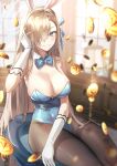  1girl animal_ears asuna_(blue_archive) asuna_(bunny)_(blue_archive) bangs blonde_hair blue_archive blue_eyes blush breasts cabinet chair coin elbow_gloves fake_animal_ears gloves grin hair_intakes hair_over_one_eye hair_ribbon halo ham99luv hand_in_own_hair hand_up highres indoors large_breasts long_hair looking_at_viewer mole mole_on_breast on_chair pantyhose playboy_bunny rabbit_ears ribbon signature sitting smile solo very_long_hair 