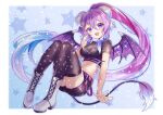  1girl azure_ryouka boots commission crop_top demon_girl demon_horns demon_tail demon_wings horns indie_virtual_youtuber long_hair looking_at_viewer ponytail purple_hair shione_(memento_forest) skeb_commission solo starry_background tail thighhighs very_long_hair virtual_youtuber wings 