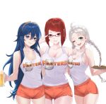  3girls absurdres adjusting_eyewear ahoge alcohol alternate_costume bangs bare_shoulders beer beer_mug blue_eyes blue_hair braid breast_press breasts chicken_(food) chicken_wing closed_mouth commission commissioner_upload cup feh_(fire_emblem_heroes) fire_emblem fire_emblem_awakening fire_emblem_fates fire_emblem_heroes food glasses highres holding holding_tray hooters hug large_breasts long_hair looking_at_viewer lucina_(fire_emblem) medium_breasts medium_hair miriel_(fire_emblem) mug multiple_girls nina_(fire_emblem) non-web_source open_mouth red_eyes red_hair ritence short_shorts shorts small_breasts smile tank_top teeth thighhighs tiara tray twin_braids upper_body upper_teeth white_hair 