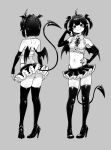  1girl ahoge ass back bangs bare_shoulders demon_tail demon_wings elbow_gloves fang fang_out fumitan_(humitan) gloves grey_background greyscale hand_on_hip high_heels highres looking_at_viewer medium_hair midriff monochrome multiple_views navel original pointy_ears simple_background skirt smile tail thighhighs two_side_up wings 