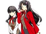  2girls bangs black_hair blue_eyes breasts coat fate/stay_night fate_(series) flower hair_flower hair_ornament hair_ribbon hairclip highres long_hair looking_at_viewer matou_sakura multiple_girls ribbon school_uniform sen_(77nuvola) simple_background smile tohsaka_rin twintails vest vest_over_shirt white_background 