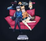  2girls :d animal_ears annoyed arm_up bangs beleven black_gloves black_hair black_legwear black_necktie black_skirt blonde_hair blue_jacket bow bowtie breast_pocket breasts brown_hair buttons cable chibi closed_mouth commission controller couch crossed_legs cushion dualshock extra_ears ezo_red_fox_(kemono_friends) face_down fallen_down fox_ears fox_girl fox_tail full_body fur-trimmed_sleeves fur_trim game_console game_controller gamepad gloves grey_bow grey_bowtie grey_hair hair_between_eyes highres holding holding_controller holding_game_controller jacket kemono_friends leaning_to_the_side long_hair long_sleeves looking_at_viewer lying medium_breasts microskirt multicolored_hair multiple_girls necktie no_shoes on_couch on_stomach open_mouth orange_jacket outstretched_arm paid_reward_available pantyhose parted_bangs pillow pixel_art playing_games playstation playstation_controller pleated_skirt pocket pout shiny shiny_hair side-by-side silver_fox_(kemono_friends) sitting skirt smile sony standing suit_jacket tail taut_clothes taut_jacket twitter_username two-tone_hair user_interface v-shaped_eyebrows very_long_hair white_bow white_bowtie white_skirt yellow_necktie 