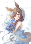  1girl animal_ears blue_dress blush bouquet braid braided_ponytail brown_hair closed_mouth dress eyes_visible_through_hair flower hair_flower hair_ornament hair_over_one_eye highres holding holding_bouquet horse_ears horse_girl horse_tail korokoro_nekoz long_hair looking_at_viewer petals purple_eyes rice_shower_(longed-for_scenery)_(umamusume) rice_shower_(umamusume) sleeveless sleeveless_dress solo tail twitter_username umamusume upper_body veil 