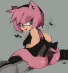  &lt;3 amy_rose anthro black_boots black_bottomwear black_clothing black_dress black_footwear black_pants boots bottomwear breasts butt clothed clothing digital_media_(artwork) dress ear_piercing ear_ring eulipotyphlan female footwear fur goth green_eyes hair half-closed_eyes hatsumiilkshake hedgehog hi_res lipstick looking_back makeup mammal narrowed_eyes panties pants piercing pink_body sega simple_background sitting solo sonic_the_hedgehog_(series) topwear underwear 