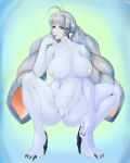  absurd_res animal_humanoid big_breasts big_ears blade_(xenoblade) braided_hair breasts claws crouching dahlia_(xenoblade) female finger_to_mouth fur genitals gradient_background grey_body grey_fur grey_hair hair hi_res humanoid lagomorph lagomorph_humanoid leporid_humanoid mammal mammal_humanoid nipples pussy rabbit_humanoid ricocake simple_background solo xenoblade_chronicles xenoblade_chronicles_2 
