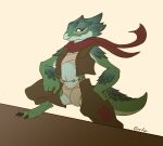 anthro bandage bottomwear chaps clothing digital_media_(artwork) female goolee green_body green_eyes green_scales hi_res kobold leg_on_table looking_at_viewer ramirez_(w4g4) reptile scales scalie scarf simple_background solo standing topwear vest 