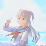  1girl artist_name black_sailor_collar blue_sky closed_mouth cloud cloudy_sky day grey_hair instagram_username long_hair long_sleeves looking_at_viewer neckerchief original outdoors pixiv_id pointing purple_eyes red_neckerchief sailor_collar say_hana school_uniform serafuku shirt signature sky smile solo twitter_username two_side_up upper_body very_long_hair white_shirt 