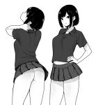  1girl ass back bangs blush breasts fumitan_(humitan) greyscale hand_on_hip highres looking_at_viewer midriff monochrome multiple_views navel original pleated_skirt short_hair simple_background skirt white_background 