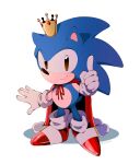  black_eyes cape crown full_body gloves highres index_finger_raised looking_at_viewer red_cape red_footwear simple_background smile sonic_(series) sonic_the_hedgehog_(classic) white_background white_gloves 