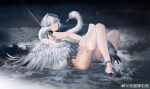  1girl absurdres bangs bird black_footwear blue_nails from_side full_body grey_eyes gtcpst hair_intakes highres knees_up long_hair looking_at_viewer lying nail_polish ocean on_back original parted_lips shoes single_thighhigh solo thighhighs water white_hair white_legwear 