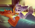  absurd_res anthro bedroom_eyes duo female fur hand_on_chest happy hi_res male male/female morning_after narrowed_eyes nude pillow_talk ratchet ratchet_and_clank rivet_(ratchet_and_clank) romantic romantic_ambiance romantic_couple ruby-milk seductive sony_corporation sony_interactive_entertainment story story_in_description striped_body striped_fur stripes video_games 