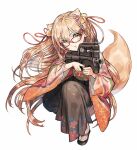  1girl akaho_minori animal_ear_fluff animal_ears bell black_pants bullpup commission flower glasses green_eyes gun hair_bell hair_flower hair_ornament hakama hakama_pants haro_mikan holding holding_gun holding_weapon indie_virtual_youtuber japanese_clothes long_hair p90 pants pink_flower sandals skeb_commission solo squatting submachine_gun tail very_long_hair virtual_youtuber weapon 