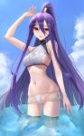  1girl arm_up armpit_peek bare_shoulders bikini blazblue blue_sky breasts cleavage clothing_cutout cloud curvy hair_between_eyes high_ponytail highres kaeru_(meriruou) long_hair looking_at_viewer medium_breasts midriff mikado_(blazblue) navel ocean open_mouth ponytail purple_eyes purple_hair red_eyes sideboob skindentation sky solo stomach string_bikini sunlight swimsuit thigh_gap thighs very_long_hair white_background 