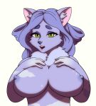  5_fingers aerola animated anthro big_breasts bliss_(purpleprincesskitty) blush breast_squish breasts canid canine canis ear_twitch female fingers fur hair hi_res jokku mammal nipples one_eye_closed purple_body purple_fur purple_hair rubbing_breasts solo squish wink wolf 