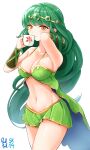  1girl absurdres bangs bloom bracer breasts circlet clothing_cutout collarbone commentary_request commission cup gold_trim green_hair green_skirt hair_flip highres holding holding_cup irena_(maplestory) korean_commentary large_breasts linea_alba long_hair looking_at_viewer maplestory midriff miniskirt mixed-language_commentary navel orange_eyes parted_lips poolpool signature simple_background skirt solo stomach_cutout very_long_hair white_background 