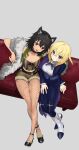  2girls andou_(girls_und_panzer) animal_ears arm_around_shoulder bangs belt black_belt black_choker black_eyes black_footwear black_hair black_legwear blonde_hair blue_eyes blue_jacket blue_pants blue_ribbon boots choker commentary_request commission couch cropped_jacket cutoffs dark-skinned_female dark_skin dress_shirt fake_animal_ears fake_tail fishnet_legwear fishnets frilled_sleeves frills fur_scarf girls_und_panzer girls_und_panzer_senshadou_daisakusen! green_jacket green_shirt green_shorts grey_background hair_tie halloween halloween_costume heart highres jacket medium_hair messy_hair midriff multiple_girls neck_ribbon on_couch open_mouth oshida_(girls_und_panzer) pants pantyhose ribbon shirt shoes shorts side-by-side simple_background sitting skeb_commission smile spiked_choker spikes standing sweatdrop tail tan_(inka) textless_version torn_clothes torn_legwear white_footwear white_shirt wolf_ears 