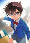  1boy bangs black-framed_eyewear blazer blue_eyes blue_jacket bow bowtie brown_hair child closed_mouth collared_shirt commentary edogawa_conan glasses grey_shorts ice_(ice_aptx) jacket long_sleeves looking_at_viewer male_child male_focus meitantei_conan outdoors red_bow red_bowtie shirt short_hair shorts skateboard smile smoke solo white_shirt 