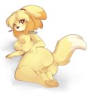 1girl :&lt; animal_crossing animal_ears animal_feet animal_nose artist_name ass bangs barefoot blonde_hair blush blush_stickers breasts bright_pupils brown_eyes closed_mouth commentary completely_nude dog_ears dog_girl dog_tail english_commentary feet from_behind furry furry_female hair_tie hand_on_own_ass highres isabelle_(animal_crossing) large_areolae legs_together looking_at_viewer looking_back lying medium_breasts multicolored_hair nipples nude on_side parted_bangs pawpads pussy short_hair simple_background sketch solo tail tail_raised teranen thick_thighs thighs topknot two-tone_hair uncensored watermark white_background white_pupils 