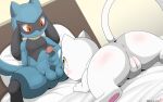 absurd_res alternate_color anthro anus balls bed blue_body blue_fur blush duo female fur furniture genitals hi_res humanoid_genitalia humanoid_penis legendary_pok&eacute;mon looking_at_another looking_at_partner lying male masturbation mew nintendo on_bed on_front penile penile_masturbation penis pok&eacute;mon pok&eacute;mon_(species) pussy red_eyes riolu sitting sitting_on_bed video_games white_body white_fur winick-lim yellow_eyes 