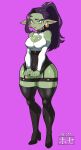  &lt;3 armwear blush boots breasts cleavage_cutout clothed clothing digital_media_(artwork) ear_piercing ear_ring female footwear gloves goblin green_body green_skin hair handwear hi_res high_heeled_boots high_heels humanoid humanoid_pointy_ears legwear lipstick makeup mammal mg991998 not_furry piercing ponytail shoes simple_background solo thigh_boots thigh_highs tight_clothing topwear 