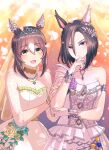  2girls air_groove_(quercus_civilis)_(umamusume) air_groove_(umamusume) bangs bare_shoulders blush breasts brown_hair cleavage closed_mouth dress ear_covers fine_motion_(titania)_(umamusume) fine_motion_(umamusume) fingerless_gloves gloves green_eyes grey_eyes hair_ornament hi_(ibisf5umauma) highres holding_another&#039;s_arm jewelry looking_at_viewer medium_breasts medium_hair multicolored_hair multiple_girls necklace open_mouth petals short_hair smile sparkle twitter_username two-tone_hair umamusume upper_body veil white_dress 
