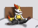  4:3 animal_genitalia animal_pussy anthro black_body black_fur blush bodily_fluids braixen canine_pussy cheek_tuft cum cum_inside drooling facial_tuft female fur genital_fluids genitals hi_res leaking_cum nintendo nonny18675309 pawpads paws pok&eacute;mon pok&eacute;mon_(species) pussy pussy_juice red_body red_eyes red_fur saliva solo tongue tongue_out tuft video_games white_body white_fur yellow_body yellow_fur 