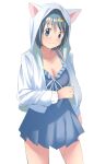  1girl absurdres animal_hood arm_at_side blue_dress blue_eyes blush breasts cleavage collarbone dress hateri highres hood hoodie looking_at_another mahou_shoujo_madoka_magica medium_breasts miki_sayaka short_hair smile solo white_background white_hoodie 