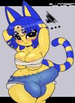  ... 2022 absurd_res animal_crossing ankha_(animal_crossing) anthro areola balls_outline blue_bottomwear blue_clothing blue_hair blue_shorts blush bottomwear breasts bulge chest_wraps clothed clothing crossgender cutoffs denim denim_clothing digital_media_(artwork) domestic_cat felid feline felis ftg_crossgender fti_crossgender genital_outline gynomorph hair hands_behind_head hi_res intersex looking_at_viewer mammal nintendo penis_outline plundered shorts simple_background solo thick_thighs uraeus video_games wraps 
