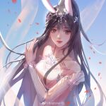  1girl absurdres animal_ears baptistw_bao blue_background brown_hair closed_mouth clothing_cutout collar douluo_dalu dress falling_petals hair_ornament hand_up highres metal_collar petals pink_dress ponytail rabbit_ears upper_body xiao_wu_(douluo_dalu) 