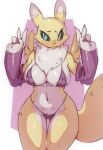  :3 anthro bandai_namco bikini bikini_bottom bikini_top black_sclera blush bodily_fluids breasts canid canine chest_tuft cleavage clothed clothing digimon digimon_(species) female fur gesture hi_res looking_aside mammal mcfli navel nervous_smile renamon simple_background solo sweat swimwear tuft v_sign white_body white_fur yellow_body yellow_fur 