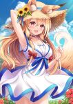  1girl :d animal_ears arm_behind_head arm_up armpits bangs blonde_hair blue_choker blue_sky bracelet brown_eyes choker cloud commentary_request day dress ears_through_headwear flower fox_ears fox_girl fox_tail hair_between_eyes hat hat_flower highres jewelry long_hair looking_at_viewer open_mouth original outdoors sakura_ani sky sleeveless sleeveless_dress smile solo straw_hat sunlight tail white_dress 
