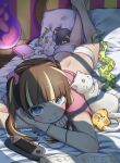  1girl artist_name ass bangs barefoot bed bed_sheet blonde_hair blue_eyes blunt_bangs book brown_hair butt_crack cable closed_mouth commentary commission dimples_of_venus earbuds earphones earphones_removed earplugs english_commentary eudetenis game_console hair_ornament hair_scrunchie handheld_game_console head_rest highres indoors legs_up long_hair looking_at_viewer lying manga_(object) multicolored_hair on_bed on_stomach original panties pillow pink_shirt playstation_portable scrunchie shaded_face shadow shirt short_sleeves smile solo stuffed_animal stuffed_bird stuffed_cat stuffed_snake stuffed_toy sunset twintails two-tone_hair underwear white_panties 