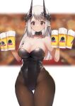  1girl areola_slip arknights bangs bare_arms bare_shoulders beer_mug big_bob_(arknights) black_choker black_leotard blurry bokeh breasts brown_legwear choker cleavage commentary covered_navel cowboy_shot cup depth_of_field grey_hair highleg highleg_leotard horns large_breasts leotard long_hair looking_at_viewer mudrock_(arknights) mug oripathy_lesion_(arknights) pantyhose pointy_ears red_eyes revision solo standing strapless strapless_leotard thigh_gap thighs white_background yuzuruka_(bougainvillea) 