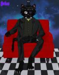  anthro armchair bell black_body black_bottomwear black_clothing black_hair black_topwear bottomwear chair claws clothing collar eyewear front_view furniture glasses glowing glowing_eyes hair hi_res looking_at_viewer male purple_eyes red_chair sebas_(stypek) sitting solo space spread_legs spreading stypek_(artist) suit suit_jacket topwear 