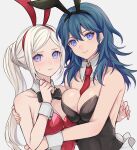  2girls alternate_costume animal_ears bangs banned_artist black_bow black_bowtie black_leotard blue_eyes blue_hair blush bow bowtie breasts byleth_(fire_emblem) byleth_(fire_emblem)_(female) collarbone commentary_request detached_collar edelgard_von_hresvelg embarrassed eyelashes fake_animal_ears fire_emblem fire_emblem:_three_houses grey_background grey_hair hair_between_eyes hairband hand_up highres hug large_breasts leaning_on_person leotard long_hair looking_at_viewer medium_breasts multiple_girls necktie parted_bangs playboy_bunny ponytail rabbit_tail red_leotard red_necktie shimizu_akina shiny shiny_hair sidelocks sleeve_cuffs sleeveless smile tail upper_body 