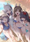  4girls :p animal_ears bare_arms bare_legs bare_shoulders beach bikini black_hair blue_archive blue_bikini blue_eyes blush breasts candy cleavage collarbone cooler crab_hair_ornament eyewear_on_head food glasses grey_hair hair_ornament halo hat headphones helmet large_breasts leaning_forward long_hair looking_at_viewer miyako_(blue_archive) miyu_(blue_archive) moe_(blue_archive) multiple_girls navel ohland open_mouth outdoors purple_eyes red_eyes saki_(blue_archive) sand sandals short_hair small_breasts smile standing sunglasses swimsuit tongue tongue_out v white_hair 
