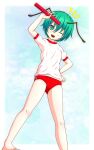  1girl alternate_costume antennae bangs blush buruma commentary_request flat_chest foot_out_of_frame green_eyes green_hair gym_uniform hair_between_eyes looking_at_viewer mofupaka notice_lines one_eye_closed open_mouth red_buruma relay_baton shirt short_hair short_sleeves smile solo touhou white_shirt wriggle_day wriggle_nightbug 