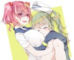  2girls between_breasts blue_jacket blush bow breasts closed_eyes closed_mouth commentary_request cookie_(touhou) daiyousei diyusi_(cookie) face_between_breasts fairyfloss green_hair hair_bobbles hair_ornament head_between_breasts hug jacket large_breasts long_hair multiple_girls onozuka_komachi open_mouth pale_skin ponytail red_eyes red_hair shaded_face shirt shishou_(cookie) short_hair smile touhou two_side_up upper_body white_headwear white_shirt yellow_bow yuri 