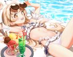  1girl absurdres arm_garter armpits bangs bikini blonde_hair blue_archive blush crazy_straw drinking_straw flat_chest food frilled_bikini frills groin halo heart_straw hifumi_(blue_archive) hifumi_(swimsuit)_(blue_archive) highres holding holding_eyewear ice_cream inflatable_raft long_hair looking_at_viewer lying navel on_back open_mouth ribbon-trimmed_bikini smile solo sunglasses surps swimsuit tray water white_bikini yellow_eyes 
