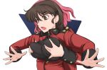  2girls black_shirt breasts brown_eyes brown_hair girls_und_panzer groping jacket medium_breasts multiple_girls open_clothes open_jacket pink_hair red_jacket rosehip_(girls_und_panzer) rukuriri_(girls_und_panzer) rukuriritea shirt st._gloriana&#039;s_military_uniform upper_body white_background yuri 