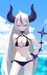  1girl absurdres ahoge bikini black_bikini blue_sky cloud day demon_horns highres hololive horns la+_darknesss long_hair multicolored_hair nail_polish o-ring o-ring_bikini parted_lips ponytail purple_hair sky solo streaked_hair swimsuit tail tail_raised very_long_hair virtual_youtuber white_hair wowari-c. yellow_eyes 